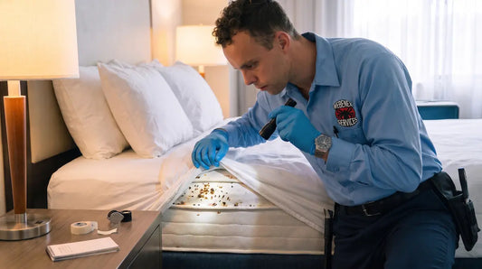 Pest control technician inspecting a hotel mattress seam with a flashlight during a bed bug inspection.