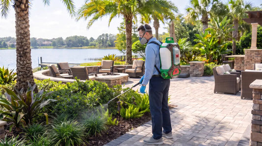 A professional pest control technician wearing protective gear applying commercial mosquito treatment to landscaping at a Florida resort patio.