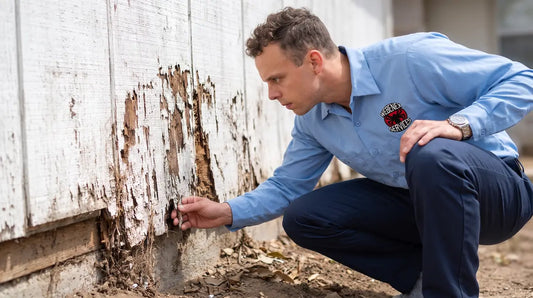 Pest control technician inspecting severe termite damage on wooden siding for a commercial property.