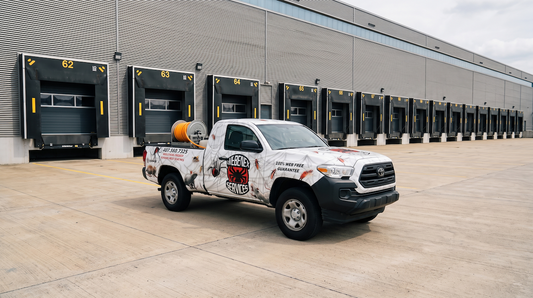 Webenex pest control truck parked in a warehouse loading dock yard.