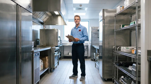 Pest control technician holding a clipboard during a commercial restaurant kitchen inspection in Florida