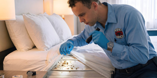Kevin Sukovich of Webenex inspecting a hotel mattress seam for bed bugs