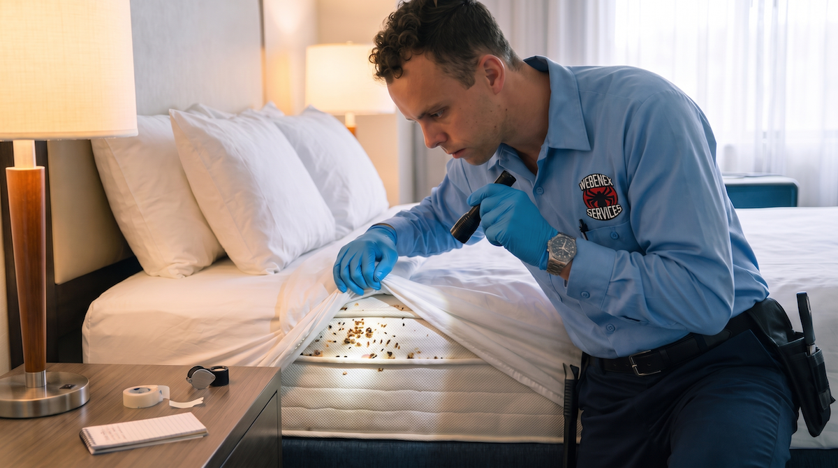 Webenex technician checking a hotel mattress seam for bed bugs with a flashlight