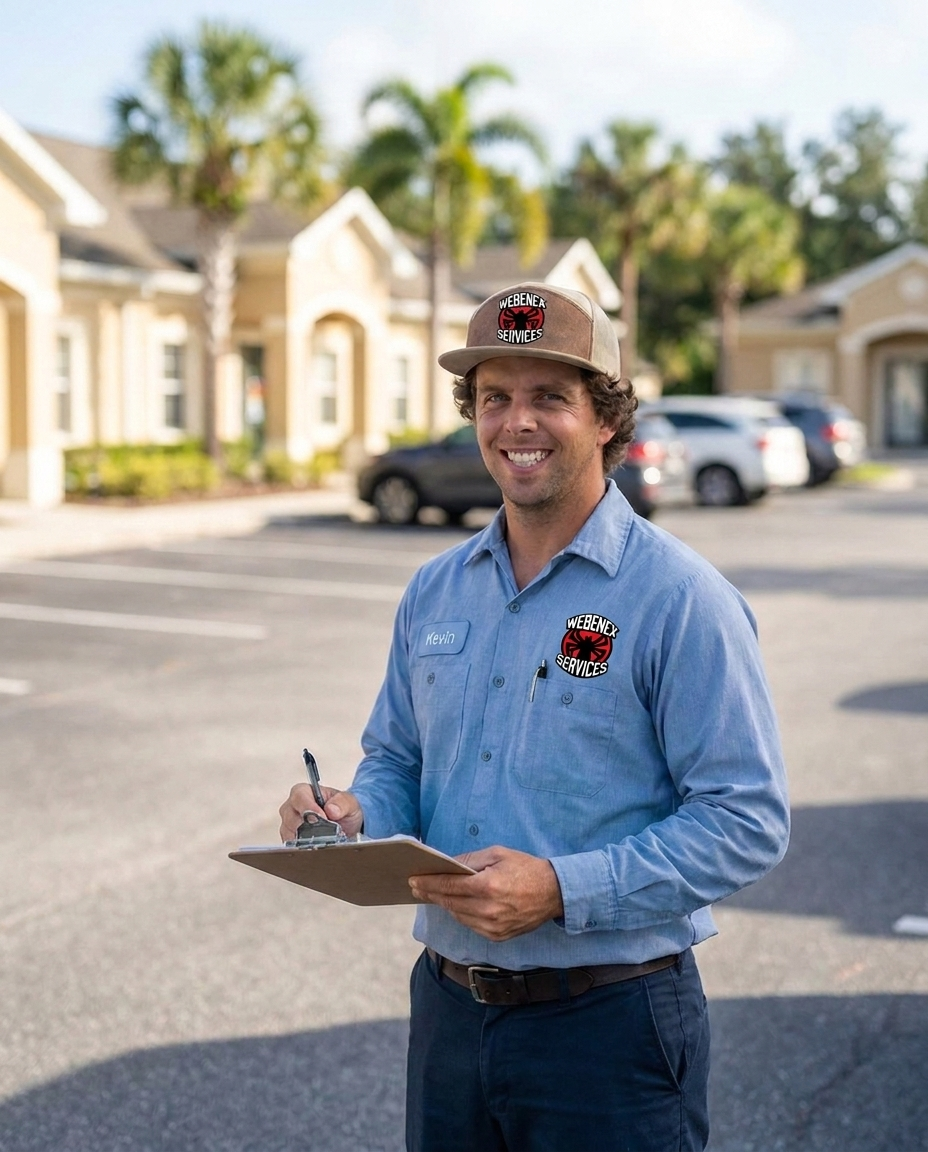Webenex Services team member holding a clipboard in a Clermont, FL neighborhood