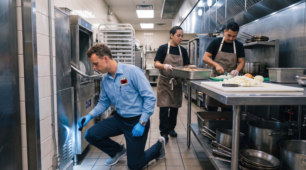 Webenex owner Kevin Sukovich checking a commercial kitchen for pests