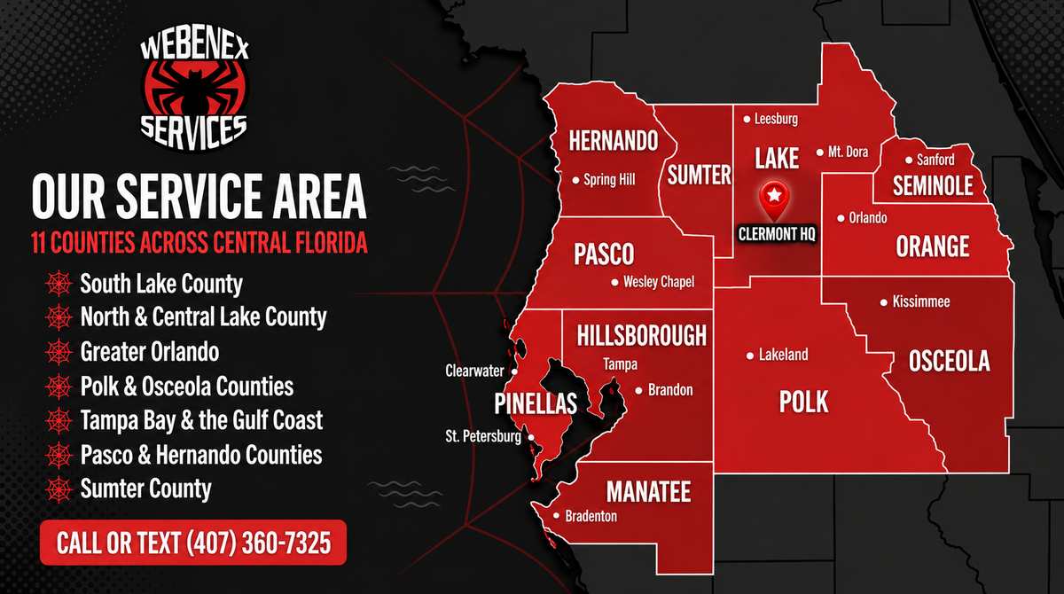 Map of the 11 Florida counties Webenex Services serves, with the Clermont headquarters in Lake County