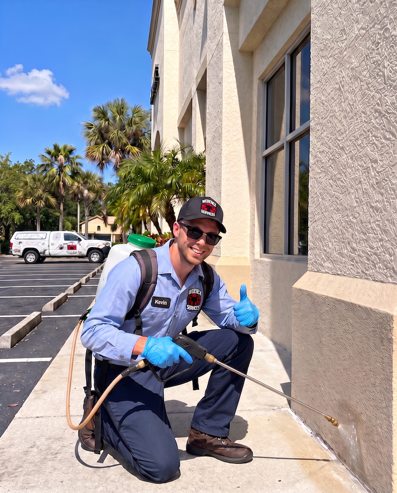 Kevin Sukovich, owner of Webenex Services, treating the base of a storefront wall, with a Webenex truck in the parking lot behind him