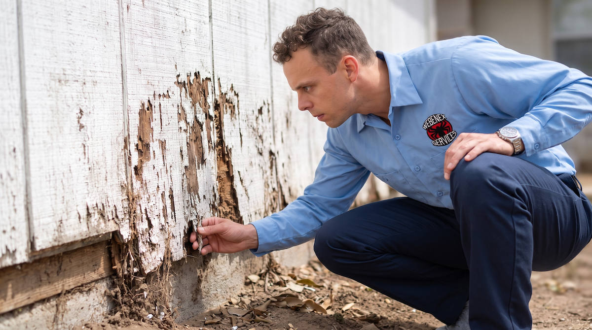 Webenex technician inspecting termite damage in the wood of a Clermont, FL home