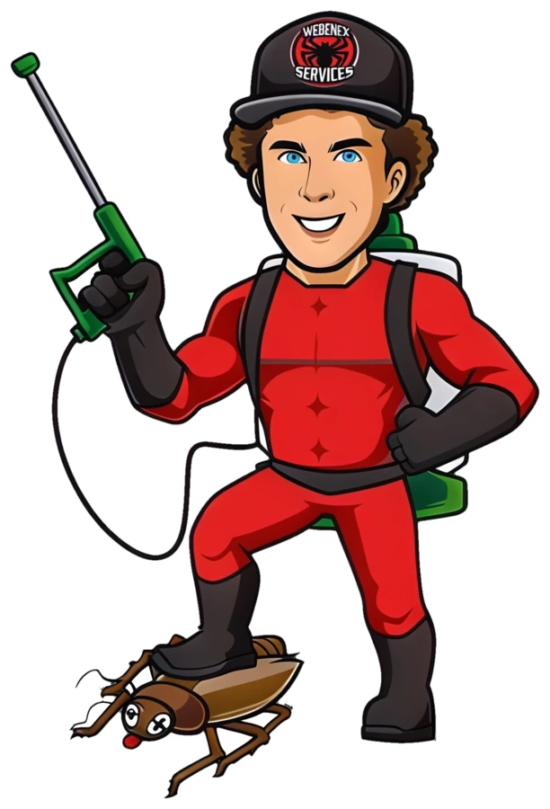 Cartoon of Kevin Sukovich, owner of Webenex Services, holding a sprayer wand with one boot on a cockroach
